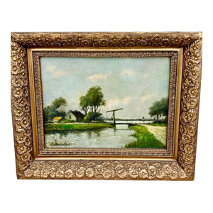 Antique European Pastoral Landscape Oil on Canvas, Signed by Artist
