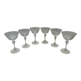 Mid 20th Century Tiffin June Night Etched Champagne Coupe Glasses – Elegant Floral Crystal Stemware - Set of 6 For Sale
