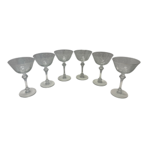 Mid 20th Century Tiffin June Night Etched Champagne Coupe Glasses – Elegant Floral Crystal Stemware - Set of 6
