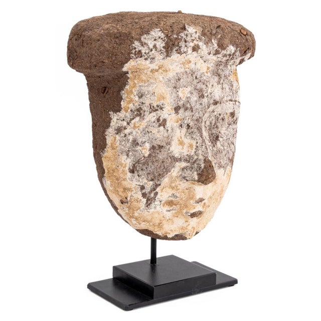 Egyptian Painted Sarcophagus Mask, gesso over wood composite, mounted on metal base. Overall: 11" H x 7.5" W x 3.75" D....