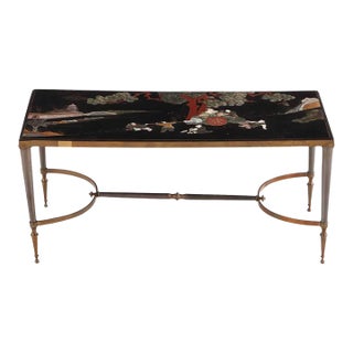 Jansen Style Carved & Painted Chinoiserie Coffee Table With Brass & Steel Base For Sale