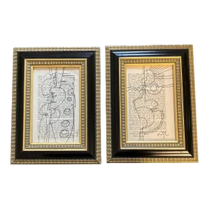 Contemporary 2 Wayne Cunningham Abstract Ink Drawings Signed and Framed - a Pair