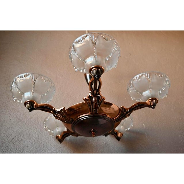 Red Large Art Deco Chandelier in Gilded Metal and Sandblasted Glass Ezan, France, 1930s For Sale - Image 8 of 18