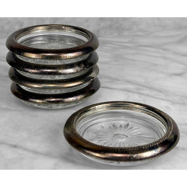 1970s Vintage Victorian Italian Silverplate Glass Sunburst Drink Coasters - Set of 5 For Sale - Image 5 of 9