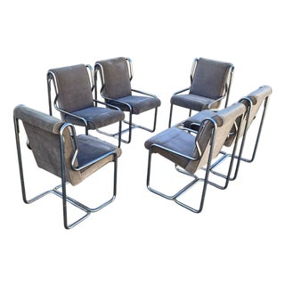 Set of Six 1980s Chrome Cantilever Dining Chairs in Gray Velvet For Sale