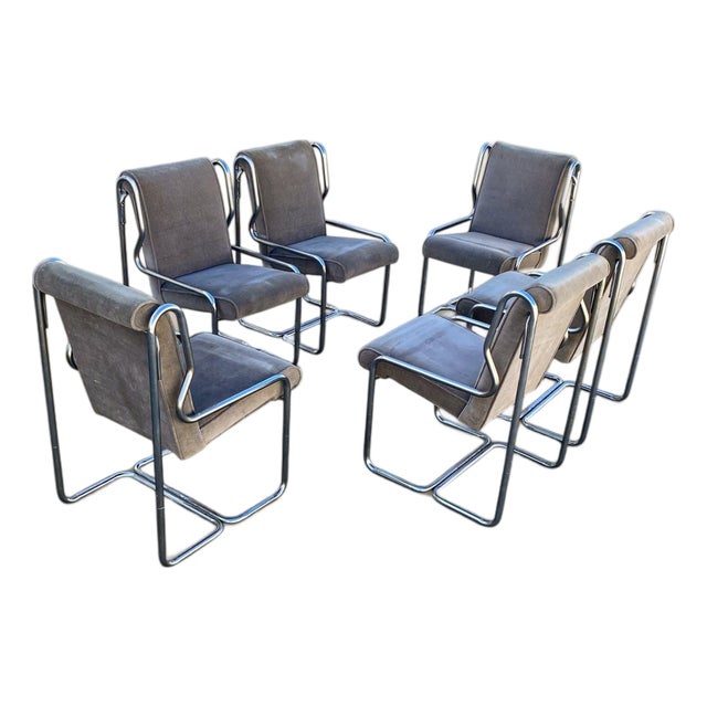 Set of Six 1980s Chrome Cantilever Dining Chairs in Gray Velvet For Sale