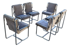 Set of Six 1980s Chrome Cantilever Dining Chairs in Gray Velvet