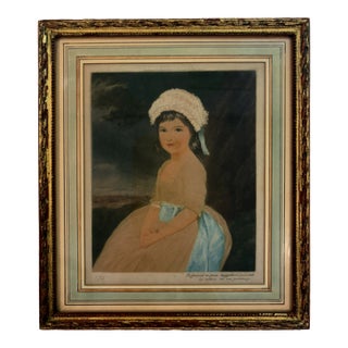 Antique Heirloom Hand Colored Mezzotint Portrait Print of Young Girl in Bonnet Gilt Frame For Sale