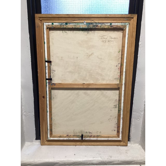 The piece features bold blocks of emerald green, deep blue, golden yellow, burnt orange, and magenta, applied in thick,...