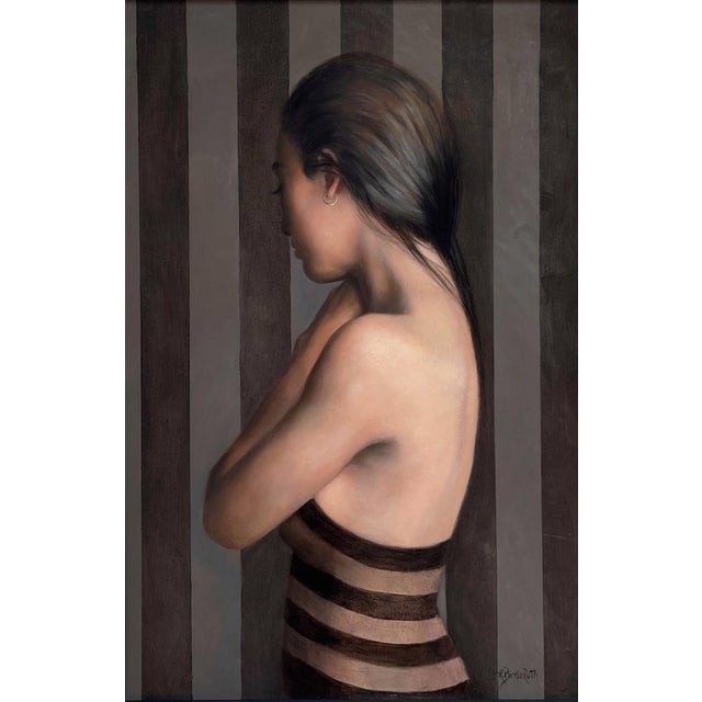 Shying Away by Kelly Birkenruth | Oil on panel of a woman with her back turned against stripes For Sale - Image 4 of 5
