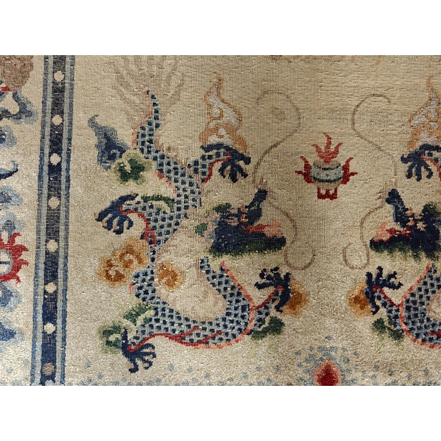 1920s Ivory Dragon Antique Chinese Silk & Metallic Threads Carpet 4'3" X 6'3" Handknotted Wool Rug For Sale - Image 12 of 14