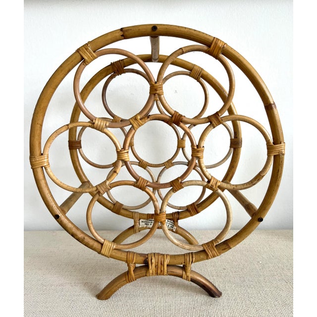 Wood Rattan Bamboo Circular Round Wine Holder For Sale - Image 7 of 7