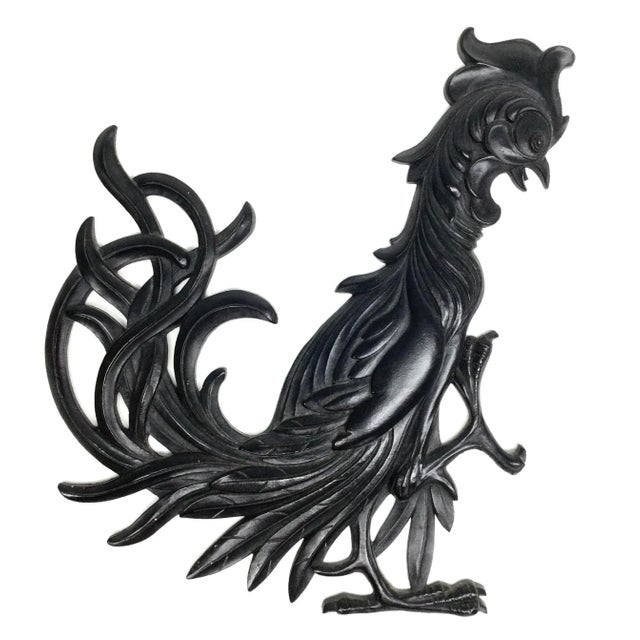 Vintage Syroco Hollywood Regency Black Fighting Rooster or Crazy Chicken Rooster Art Wall Hanging For Sale - Image 9 of 9