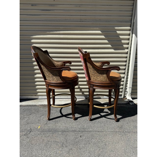 Century Furniture Pair of Century Furniture Savoy Swivel Bar Stools With Leather Seats and Paisley Upholstery For Sale - Image 4 of 7