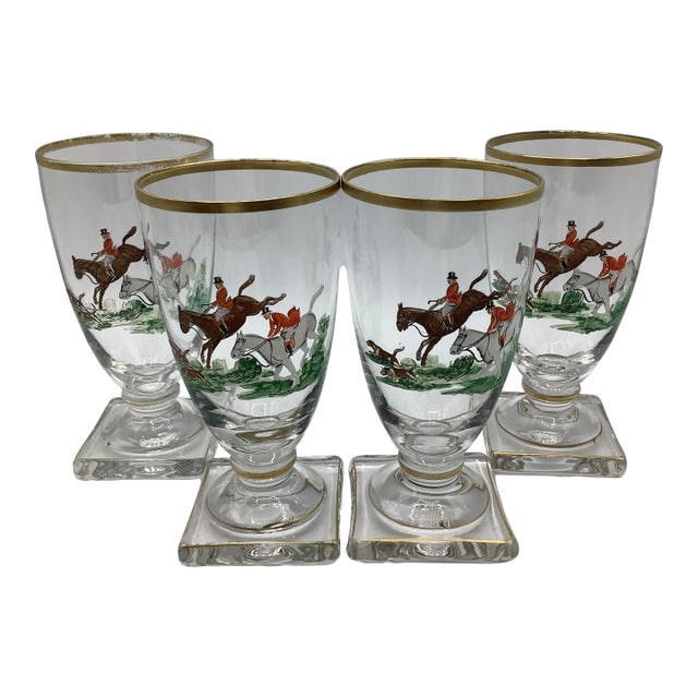 30s English Horse Fox Hunting Scene Hand Painted Goblets - Set of 4 For Sale