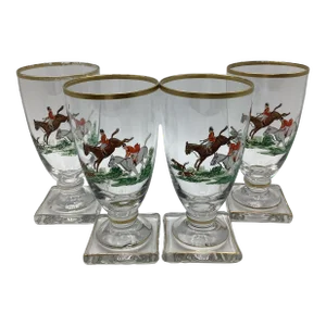 30s English Horse Fox Hunting Scene Hand Painted Goblets - Set of 4