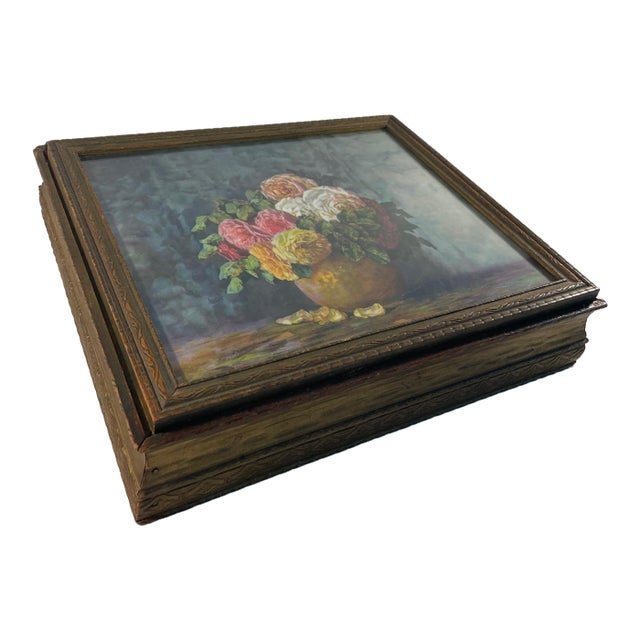 1940s Large Floral Mirrored Wooden Jewelry, Trinket or Stationary Box For Sale
