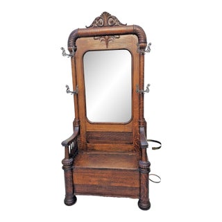 Monumental Antique American Tiger Oak Hall Tree With Mirror & Lift-Top Seat, C. 1890s For Sale