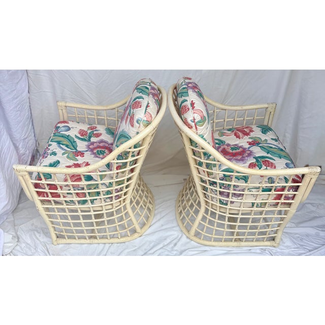 1980's Rattan Lattice Barrel Lounge Chairs With Chinoiserie Cushions in the Style of Ficks Reed a Pair For Sale - Image 10 of 16