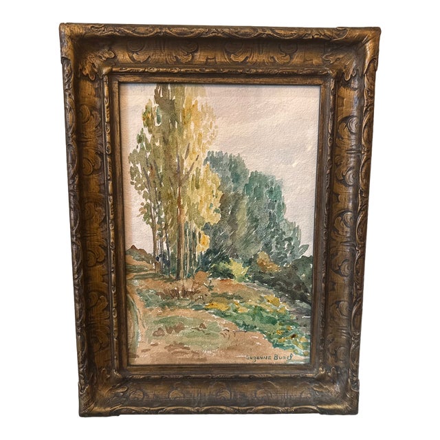 20th Century Suzanne Burel Original French Watercolor in Antique Frame - Signed For Sale