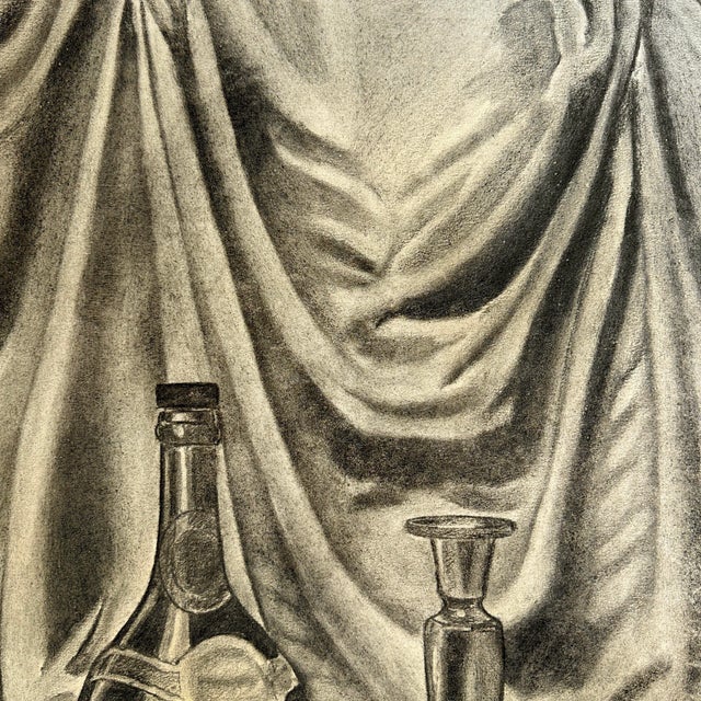Anthony Ferrara (1930-2012) - Realist Interior Still Life, Signed (1946, Charcoal on Paper). Still life with bottle,...