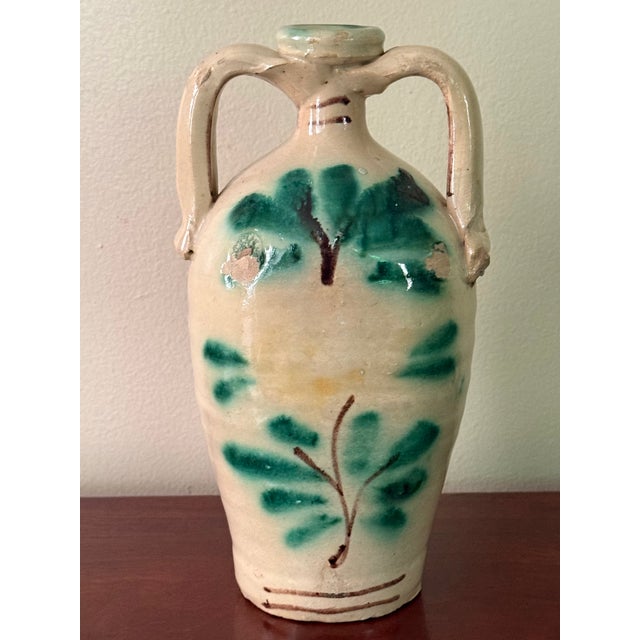 Antique Rustic European earthenware pottery jug with handles. Hand-painted with unique tree motifs. No maker's mark, but...