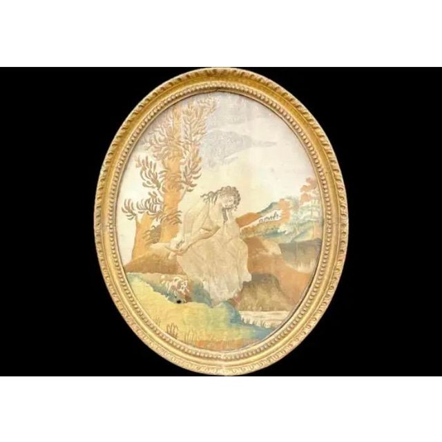 Georgian Oval Silk Embroidery of Girl With Her Dog, Framed For Sale - Image 9 of 9