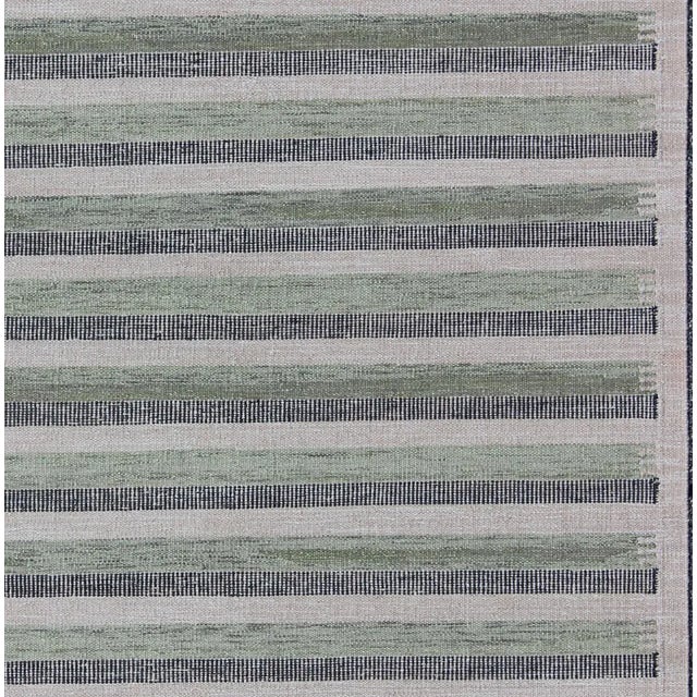 2020s Scandinavian Design Flat-Weave Rug With Striped Design in Charcoal and Green For Sale - Image 4 of 7