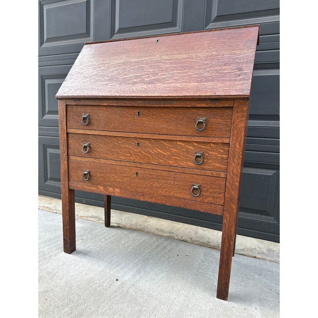 Antique Early 20th Century Quarter Sawn Oak Drop Front Secretary With Drawers - Solid Wood Accent Chest With Ring Pulls For Sale - Image 11 of 17