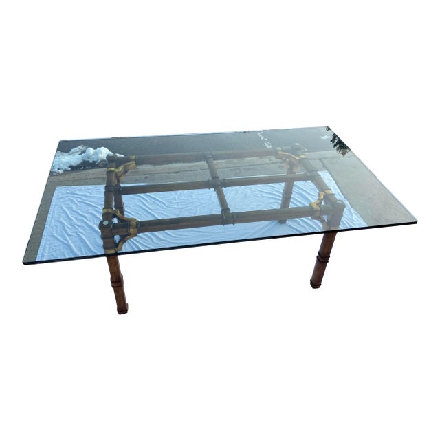 Mid-Century Modern Asian Influenced Glass Dining Table in Faux Bamboo Having Bronze Fretwork For Sale - Image 3 of 12