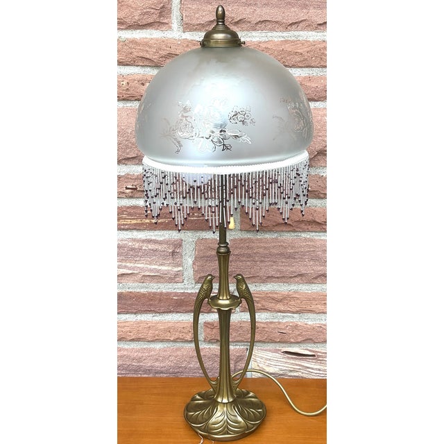 Brass 2-Light Table Lamp with Bird Figurine and Beaded Glass Shade, 1960s For Sale - Image 12 of 13