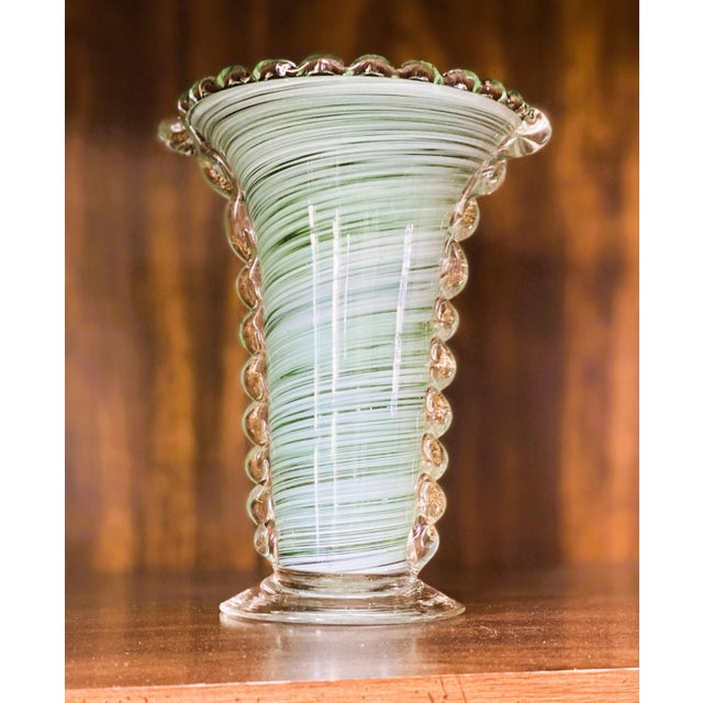 Vintage Murano Green Swirl Hand-Blown Glass Vase With Clear Rigaree Beading, Italy, C. 1980s For Sale In Austin - Image 6 of 14