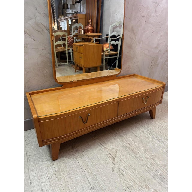 Magnificent 1950s Bauhaus style dressing table in ash veneer in very good condition. Two drawers with beautiful metal...