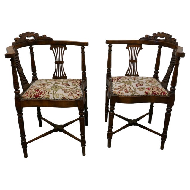Edwardian Walnut Corner Armchairs, 1900s, Set of 2 For Sale