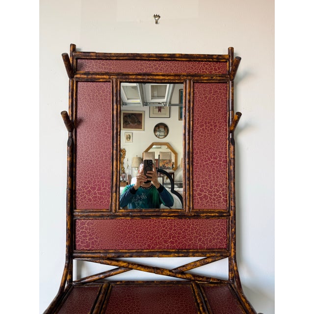 Wood Vintage Maitland-Smith English Style Burnt Bamboo Hall Tree / Coat Rack With Mirror For Sale - Image 7 of 12