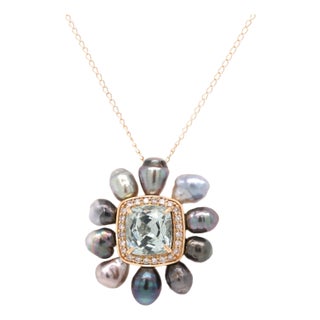 2.55ct Aquamarine, Diamond and Pearl 14k Yellow Gold Pendant Necklace - Fei Liu For Sale