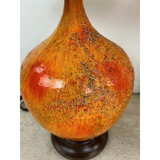 Pair of Mid a Century Modern Orange Table Lamps With Lava Glaze For Sale In Philadelphia - Image 6 of 12