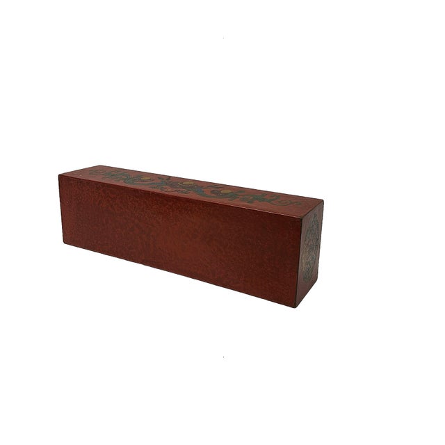 Chinese Distressed Red Lacquer Chinoiserie Long Rectangular Treasure Box For Sale - Image 9 of 10