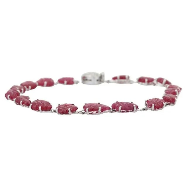 Leaf Carved Ruby and Diamond Bracelet in 18k White Gold, 4.3ct Ruby, USAMade For Sale In New York - Image 6 of 16