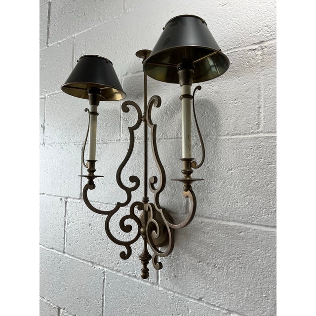 Spanish Revival Mid 20th Century Spanish Revival Iron Wall Sconces With Tole Shades, Hollywood Regency Lighting For Sale - Image 3 of 11