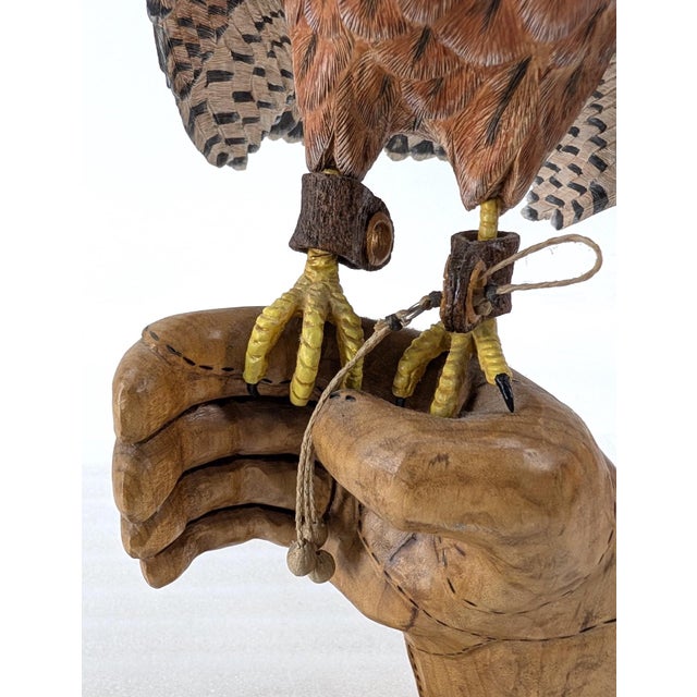 Auburn American Harrier Hawk & Gloved Handler 2003 – Carved Wooden Sculpture Signed Bradford King For Sale - Image 8 of 16