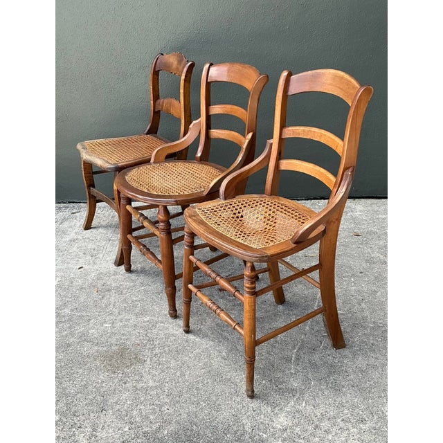 Mid-Century Modern Vintage Collection of Cane Seat Chairs - Set of 3 For Sale - Image 3 of 12