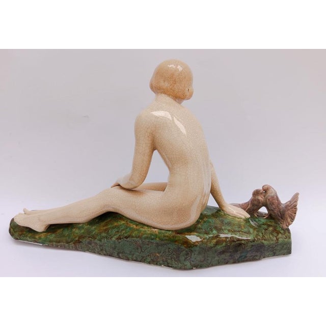 1920s Alexandre Morlon, Sculpture of Nude Woman with Turtle Doves, 1920s-1940s, Ceramic For Sale - Image 5 of 18