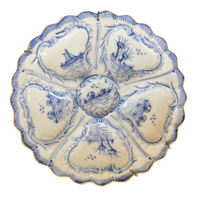 Vintage Weimar German Delft Style Blue and White Porcelain Oyster Plate For Sale