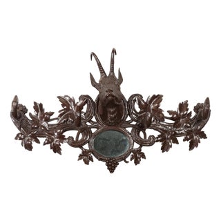 Black Forest 1900s Carved Wooden Plaque with Chamois Motif, Foliage and Mirror For Sale