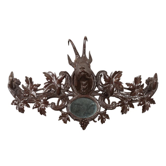 Black Forest 1900s Carved Wooden Plaque with Chamois Motif, Foliage and Mirror For Sale