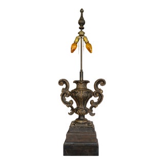 1980s Hollywood Regency 47” Monumental Ralph Lauren Style Urn Table Lamp – Carved Compo & Wood Base For Sale