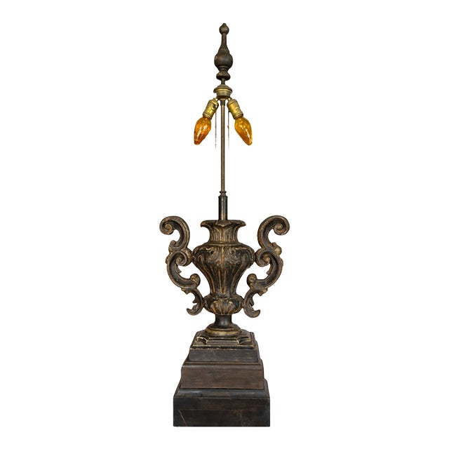 1980s Hollywood Regency 47” Monumental Ralph Lauren Style Urn Table Lamp – Carved Compo & Wood Base For Sale