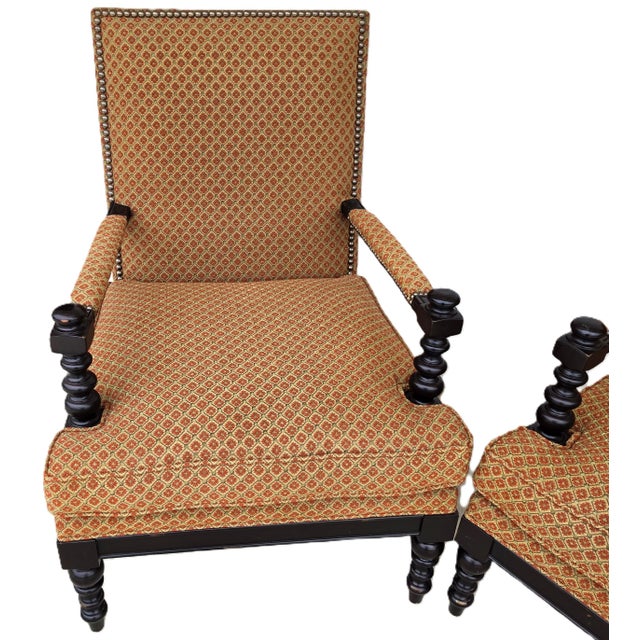 Wood Jacobean Louis XIII Style Bobbin Turned Lounge Armchairs Ebonized Nailhead Pair For Sale - Image 7 of 15
