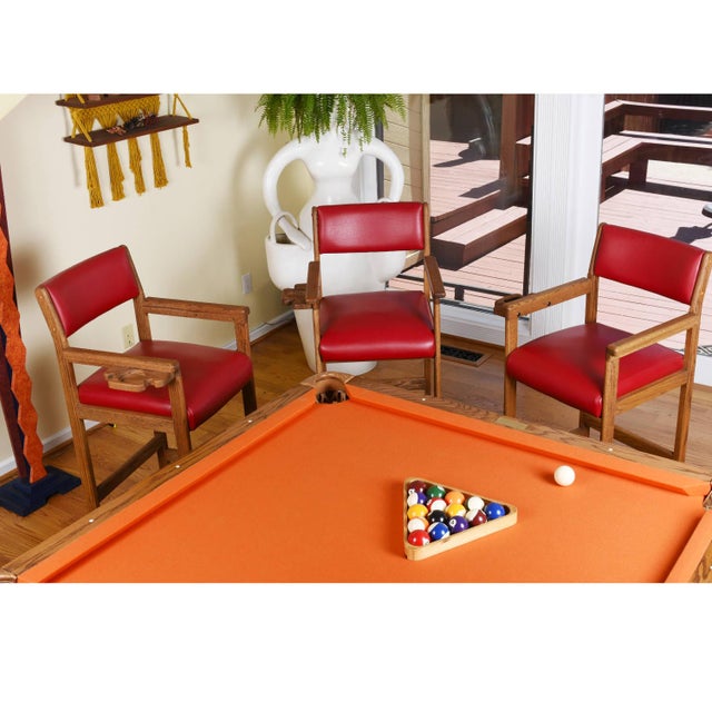 1990s Red Leather and Oak Billiard Barstools With Cupholders, Restored For Sale - Image 5 of 12